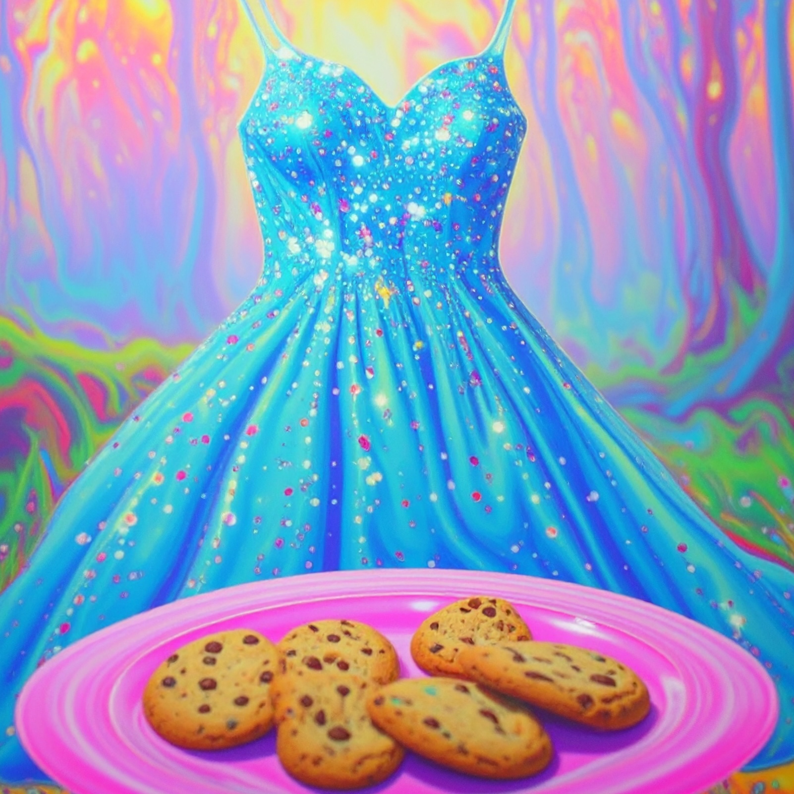 Firefly_A blue sequined dress swirls in magical sparkles. In front of it is a round pink plas 3753